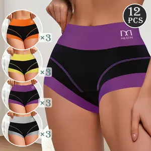 QUASTI 12 Pieces High Waist Seamless Contrast Full Coverage Cotton Ladies Panties, Comfort Breathable Hip Lifting Sports Panties Set for Womenswear, High Elastictiy Mix Colors Soft Panties for Women Girls Daily Wear, S-XXL