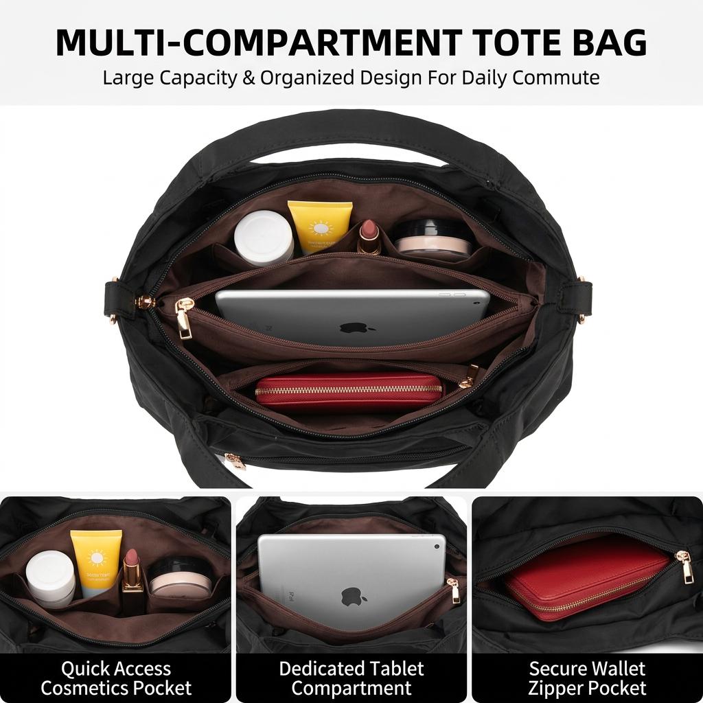 Women’s Five-Season Home Puffer Tote Bag, multi-compartment shoulder bag with zippered pockets, lightweight everyday handbag with adjustable strap Women’s Five-Season Home Puffer Tote Bag, multi-compartment shoulder bag with zippered pockets, lightweight everyday handbag with adjustable strap