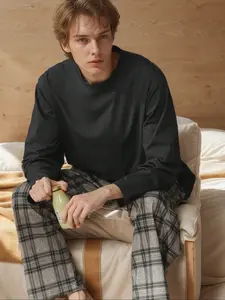 Men's Comfortable Thin Fitted Solid Color Long Sleeve Shirt & Plaid Pants Set, Polyester Blend Casual Home Wear, Spring Summer Fall
