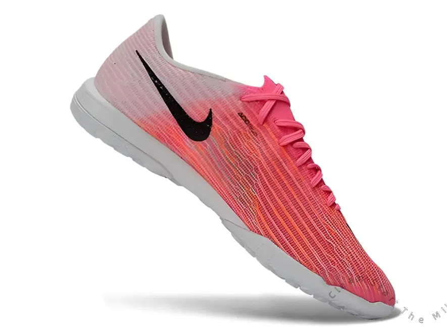 Gloss Black Curved Logo Hot Pink Orange Gradient Vertical Stretch Knit Indoor Soccer Flat Shoes, Pure White Cushion Anti-Slip Rubber Outsole Unisex Low Top Cleats for Futsal Court Youth Campus Casual Training