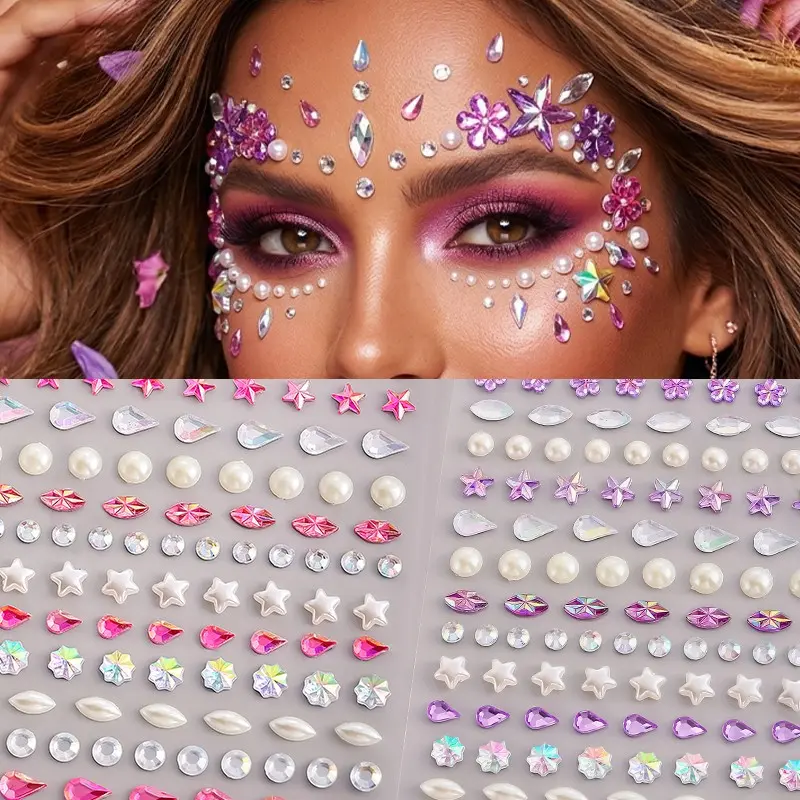 2pcs Face Star Rhinestone Stickers, 5D Gemstone Tattoos, Temporary Fake Tattoo, Glitter Face Tattoos, Party Festival Nail Art Body Makeup, Shiny Jewelry DIY Facial Decorations