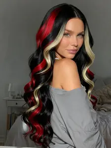 Black Red Blonde Highlight Wavy Wig 13x4 Lace Front Wigs Money Piece Highlight Wig Pre-Plucked Hairline Skunk Stripe Body Wave Synthetic Wig Concert Look Lace Frontal Wigs for Women Daily Wear 28 Inch