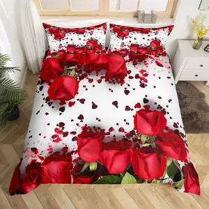 Rose Comforter Cover Red Rose Petals Bedding Set Floral Bouquet Botanical Duvet Cover Flowers Bed Set Valentine's Day Couple Lover Room Twin Size (No Comforter)