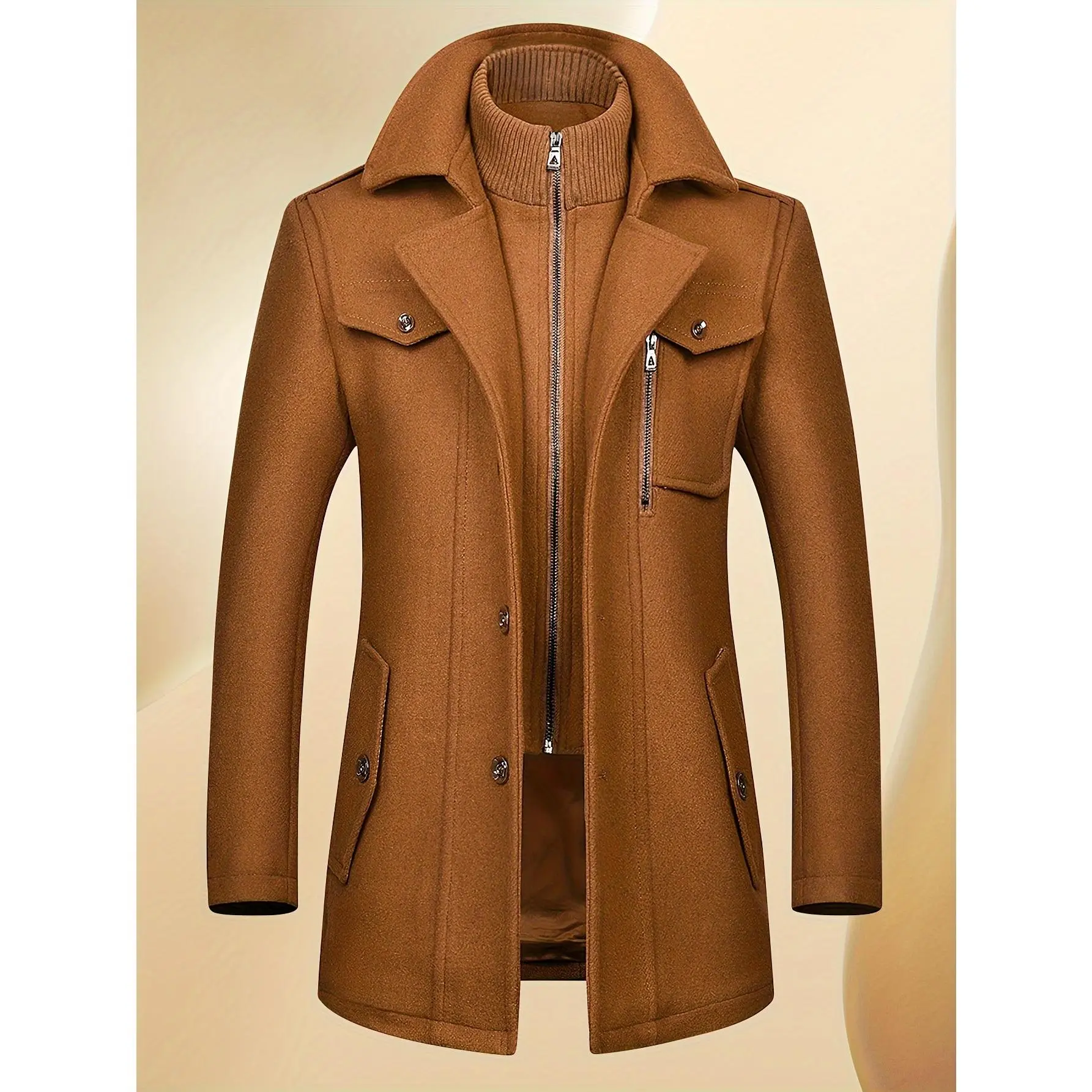 Menswear Men's Single-Breasted Wool Pea Coat, Thick Warm Winter Long-Sleeve Outerwear with Removable Double Collar, Tops, Jackets, Plain, Clothes, Peacoat Jacket