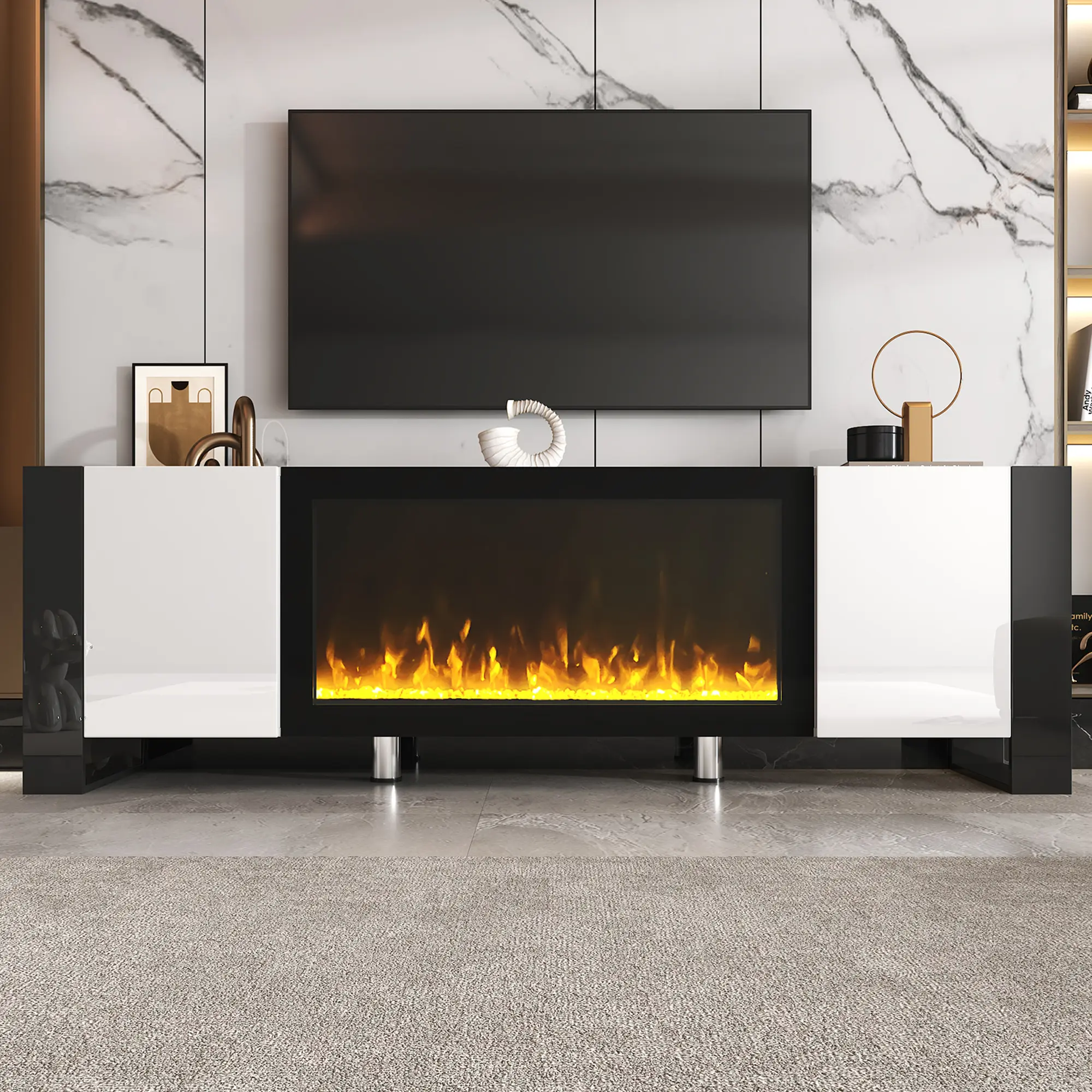 High Gloss Modern Sturdy TV Console Table - 34" Electric Fireplace, Storage Cabinet, 88lbs (Above 25kg) Stable Entertainment Center for TVs Up to 75", White