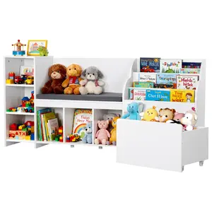 VEVOR Kids Reading Nook, Wooden Storage Bench with Backrest, Kids Bookshelf Toy Organizer, Large Toy Box Chest for Playroom, Living Room or Entryway, Easy Assembly, 66.9x 15.8x 31.5 in, White