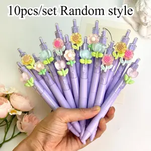 10pcs Random Spring Flower Key Pens, Cute Cartoon Floral Neutral Pens, Creative Simple Design Ballpoint Pens, Perfect Student Rewards School Prizes