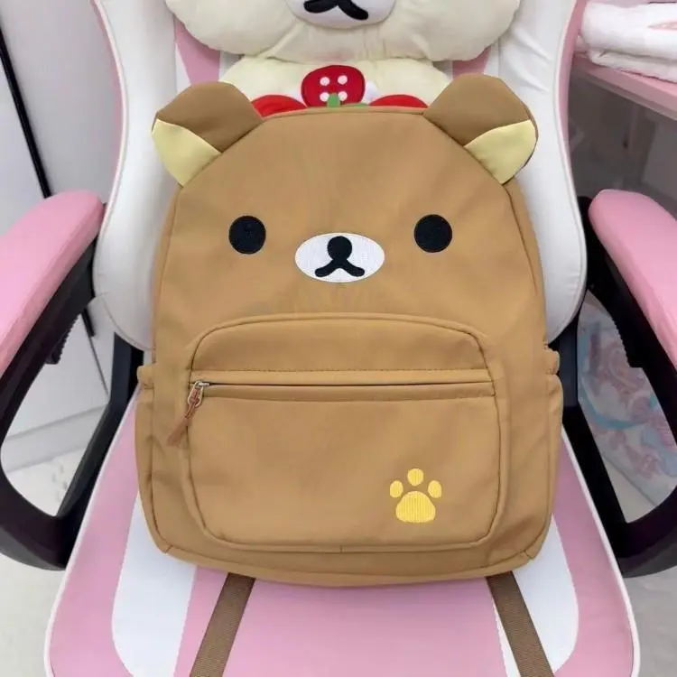 Japanese Style Cute Canvas Brown Embroidered Bear Backpack for Women Soft Casual Daypack School Bag
