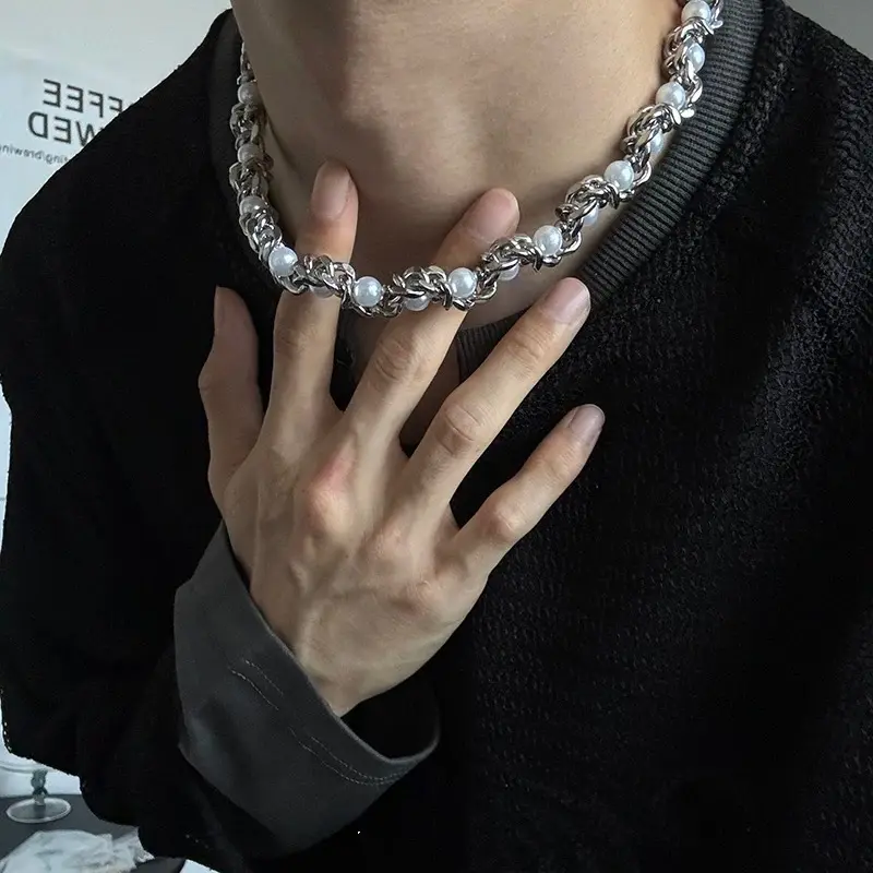 Euro American Pearl Twined Choker for Men Unique Design Titanium Steel Necklace