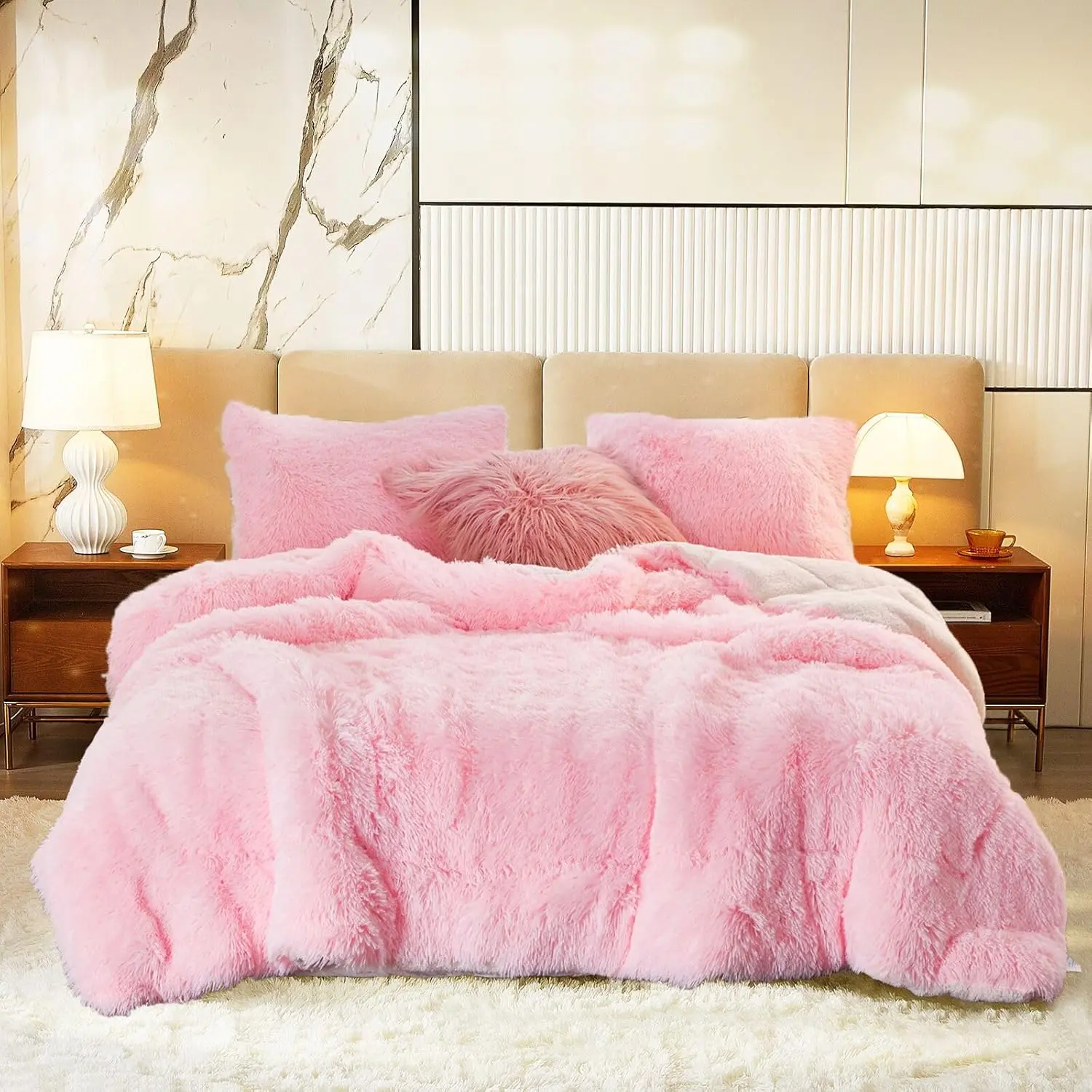Luxury Faux  Shaggy Comforter Set  Size, Plush & Sherpa Reversible Comforter , 3 count Fluffy Fuzzy Bedding Set Ultra Soft and Warm for  (1 Comforter + 2 Pillowcases)