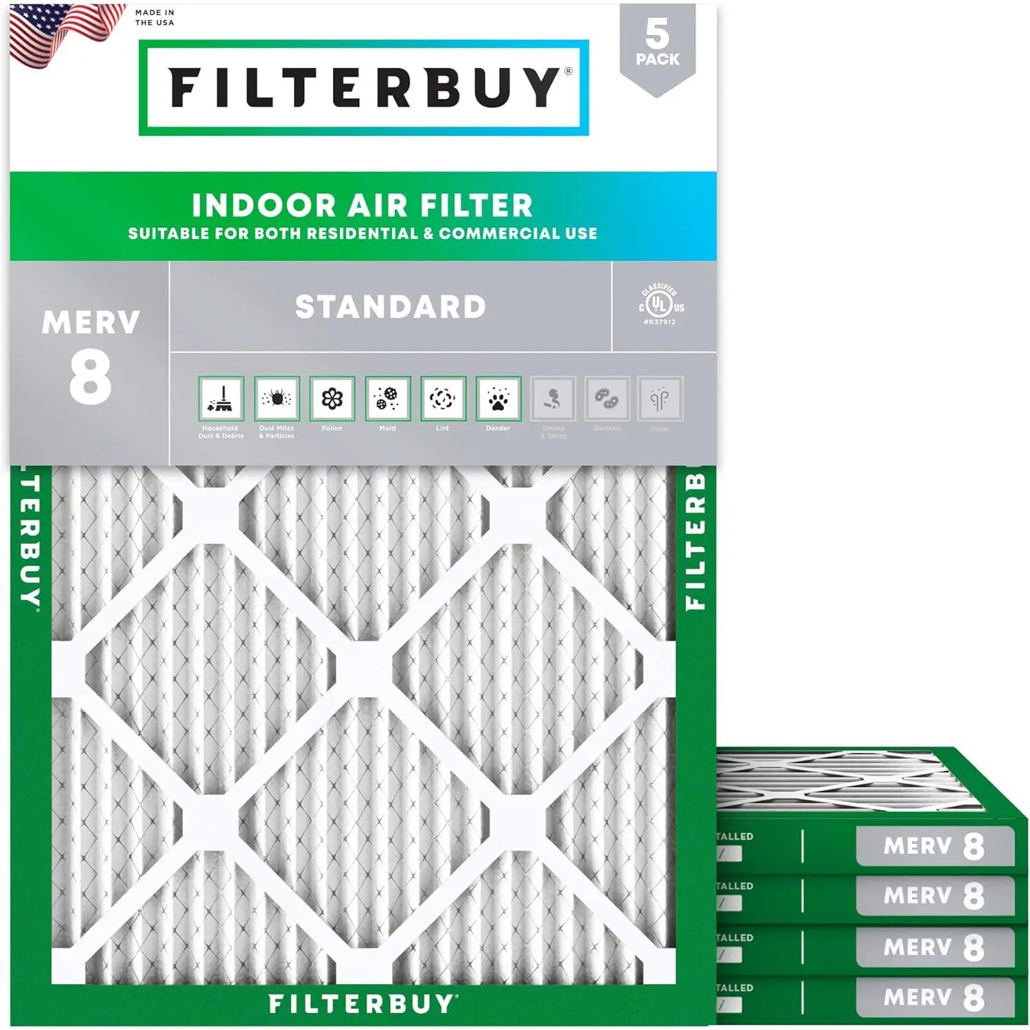 Filterbuy 16x22.25x1 HVAC AC Furnace Heat Pump Air Filter (5-Pack) - Pleated MERV 8 Dust, Lint, Pollen Defense (Actual Size: 16.00x22.25x0.75 in)