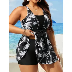 Plus Size Women'S Casual Palm Tree Print Swimsuit Set with Removable Pads, Strapless Fabric Dress with Shorts, High Stretch Polyester and Spandex Beachwear