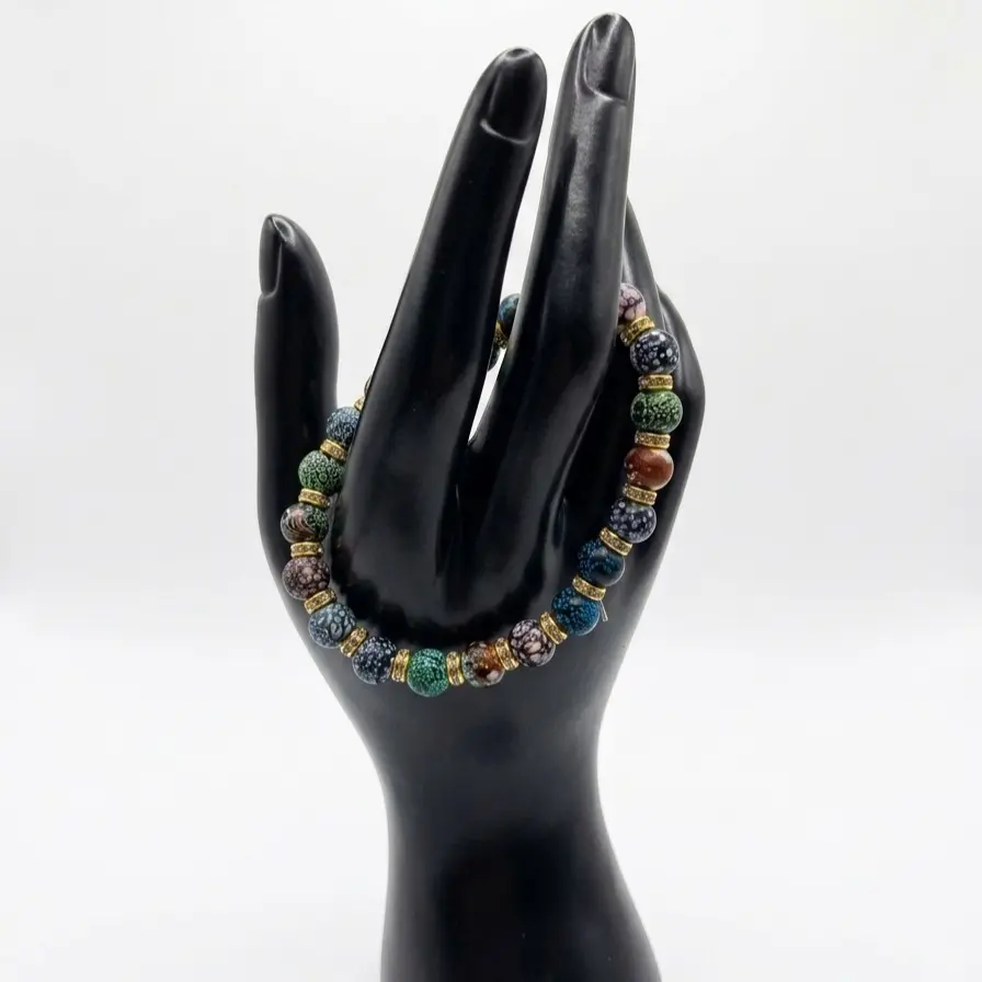 Exotic Earth & Sea Frosted Vein Agate Gold Stretch  handcrafted beaded stretch bracelet