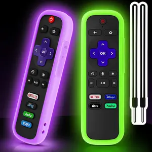 X-RTC07  2 Pack Remote Cover for Roku, Battery Cover for TCL Roku Smart TV Steaming Stick Remote, Silicone Remote Case for Roku Universal Protective Controller Sleeve Skin Glow in The Dark Green Purple