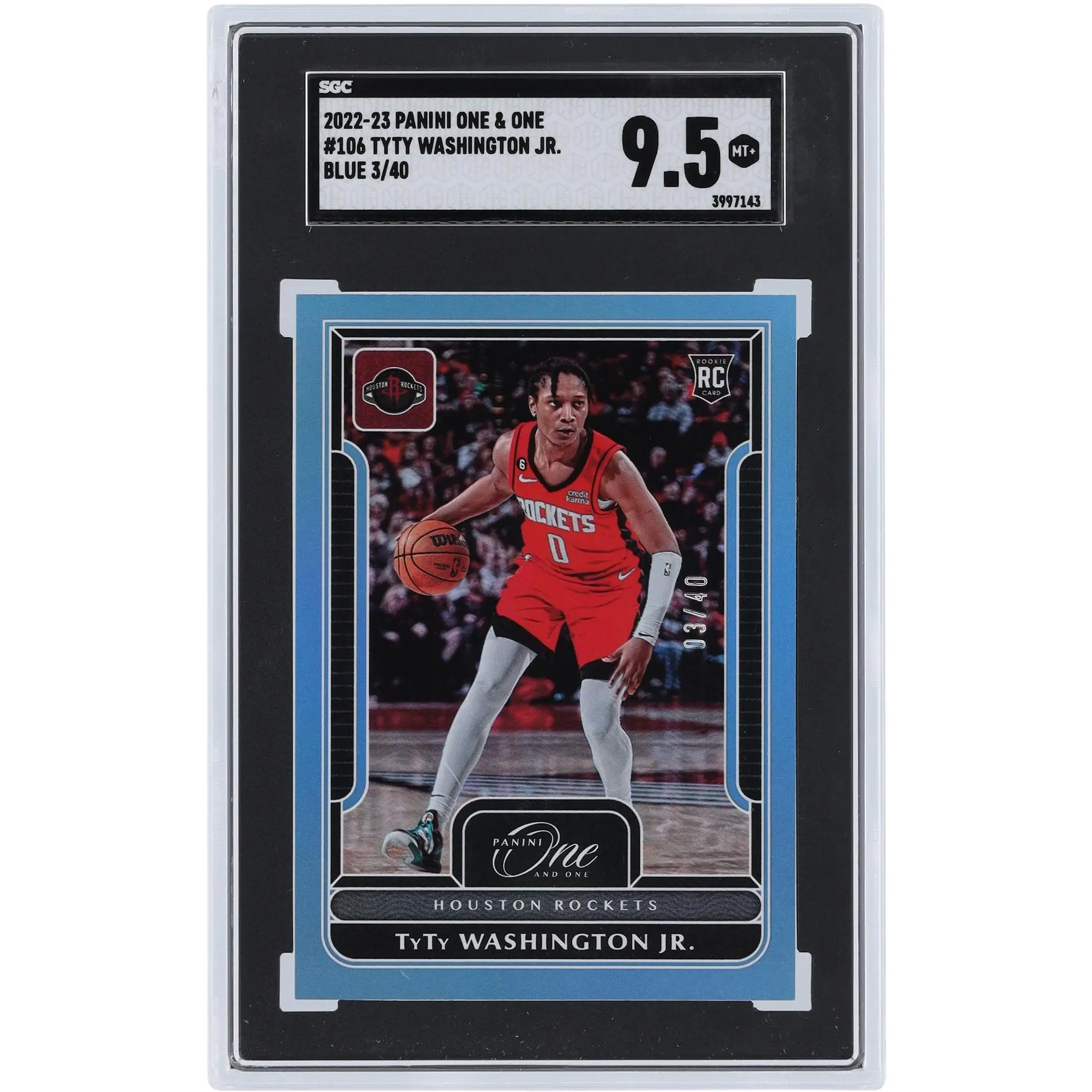 TyTy Washington Jr. Houston Rockets 2022-23 Panini One & One Blue #106 #3/40 SGC Authenticated 9.5 Rookie Card