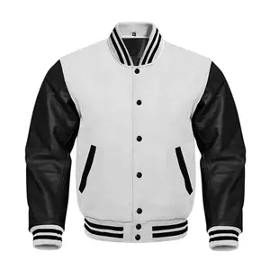 Men and Women Varsity Baseball college Lettermen Jacket Retro Bomber Solid White Wool & Black Leather Jacket by Hide Crafts