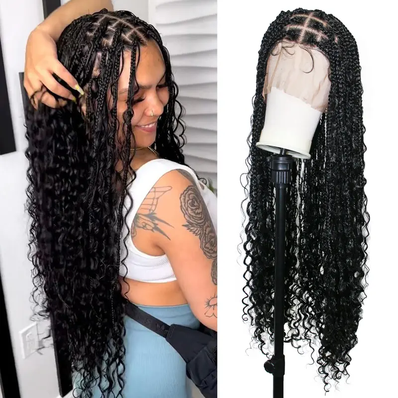 36" Full Lace Knotless Box Braided Wigs Full Double Lace Braid Wig with Baby Hair Lace Front Braided Wigs for Black Women Human Hair Blended Lace Frontal Braids Wigs for Women
