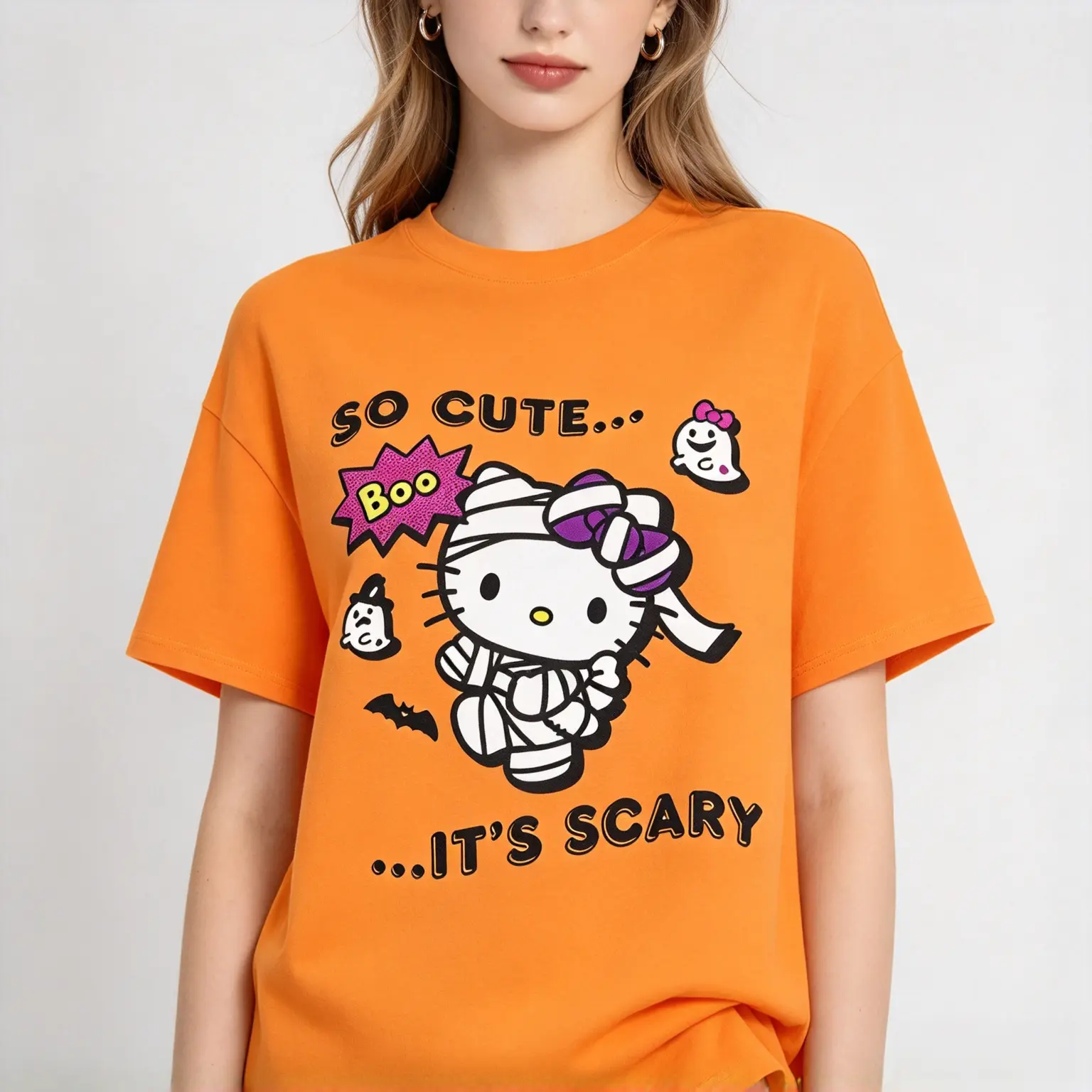 Hello Kitty Halloween Mummy-Themed Short Sleeve T-Shirt, Cute Sanrio Cartoon Graphic Tee for Halloween Party