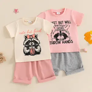 2 Pcs Set Toddler Girls Summer Outfit Raccoon Letter Print Short Sleeves T-Shirt and Elastic Shorts Set Cute 2 Piece Clothes