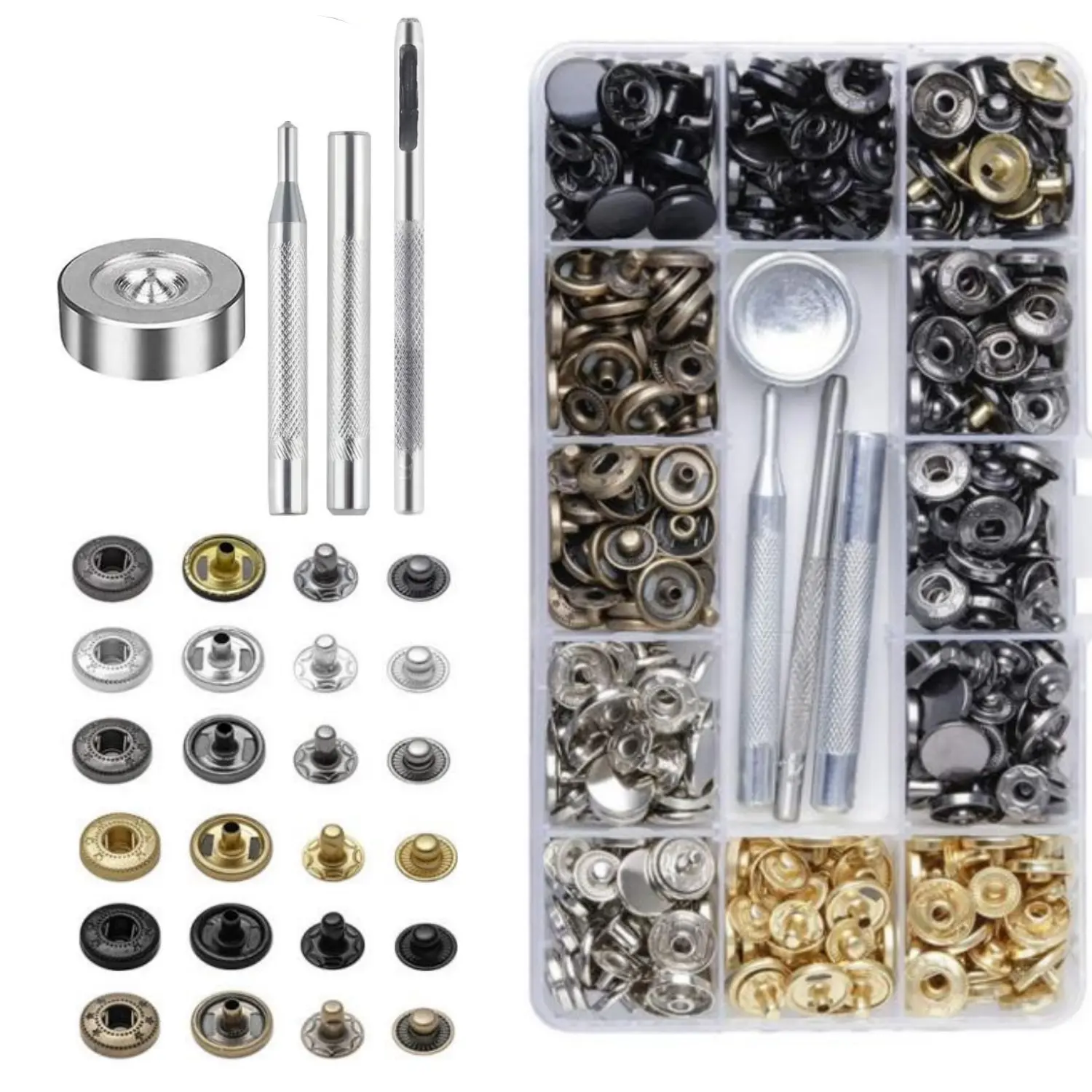120 Sets Heavy Duty Leather Snap Fasteners Kit, 12.5mm Metal Snap Buttons Press Studs Leather Rivets Snaps with 4 Setter Tools for Clothes Bracelet Jackets Jeans - Home Improvement.