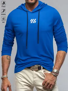 Men's Long Sleeve Sports Shirt, Plain Fashion Simple Design, Outdoor Fitness Athletic Hoodie with Reflective Logo, Adjustable Drawstring, Multiple Colors, Gym Workout Shirt