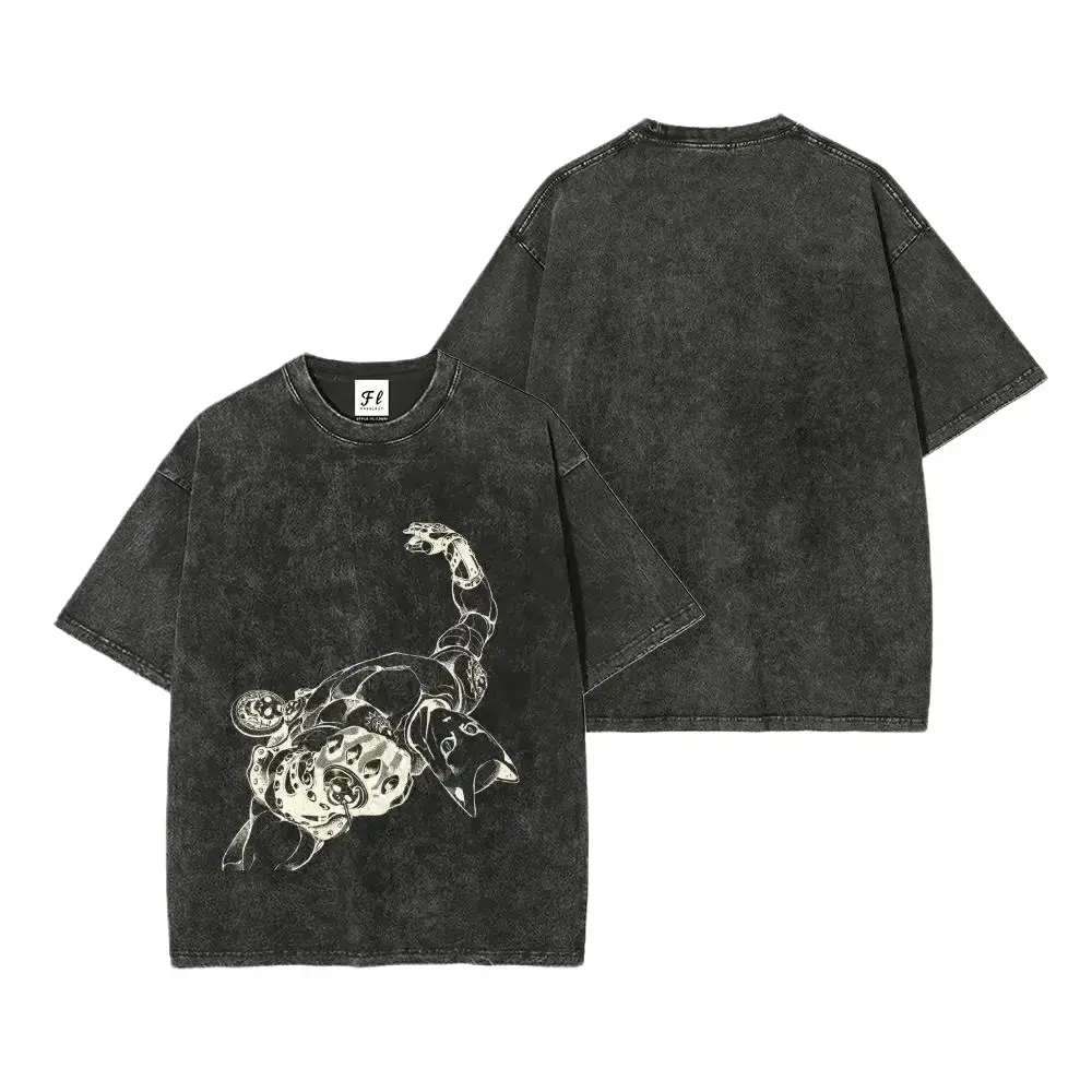 “Killer Queen ”JoJo's Bizarre Adventure Character Acid wash T-Shirt Short Sleeve Cotton Unisex Retro tee,anime fashion style,stylish outfit