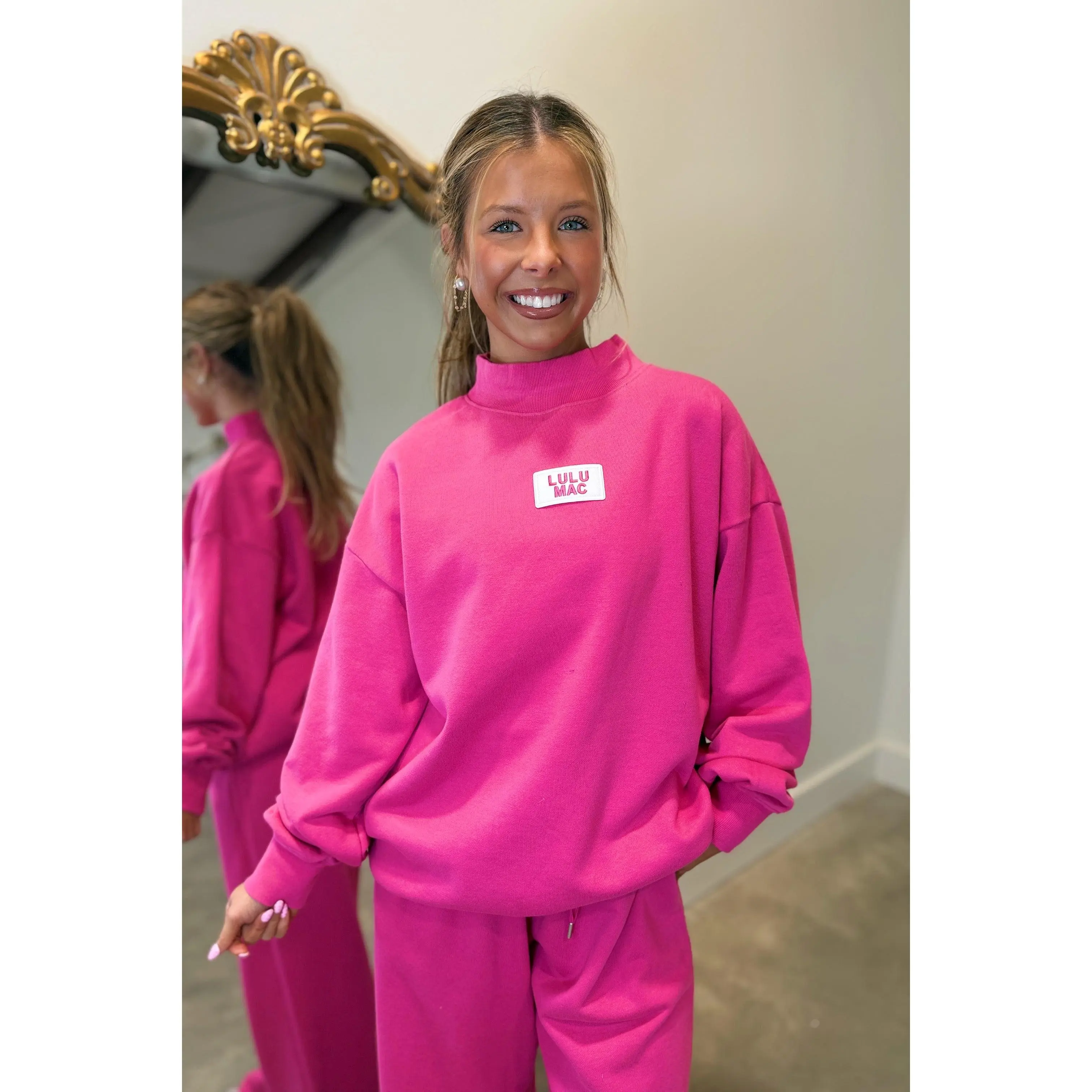 Lulu Mac Terrycloth Mock Neck Sweatshirt Hot Pink