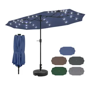 GDY 12/13 ft Large Patio Umbrella with Base & Solar Lights, Double Sided Rectangular Crank Handle for Pool Garden Backyard, Heavy Duty Canopy