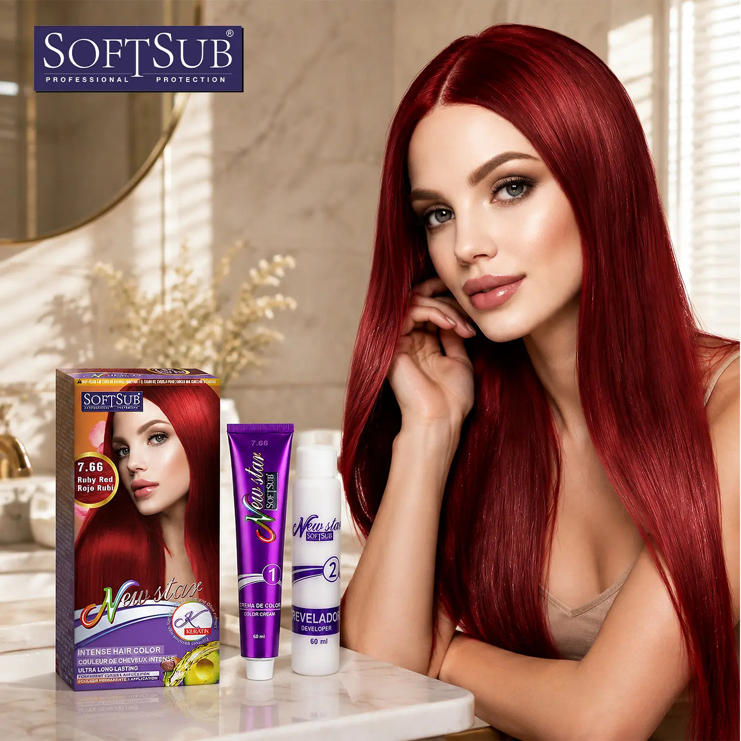 NEW STAR 7.66 Ruby Red Permanent Hair Color Kit, Vivid Multi Dimensional High Shine Color, 120 mL Cream Dye and Developer, Keratin Shea Butter and Olive Oil, 1 to 1 At Home Color, 1 Box
