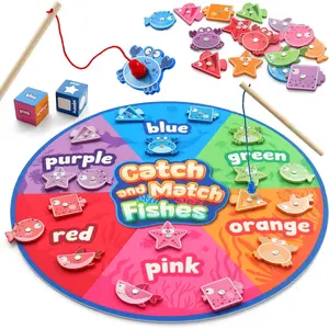P-ITC03 Montessori Toy for Toddlers, Fine Motor Skill Wooden Magnetic Fishing Game for Year Old Kids, Color and Shape Sorter for Age 3 4 5 Girls Boys Preschool Educational Gift