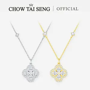 【ChowTaiSeng Jewelry】 S925 Sterling Silver Spinning Lucky Clover Necklace Rotatable Cubic Zircon Perfect for Birthday Mother's Day Gift Men/Women