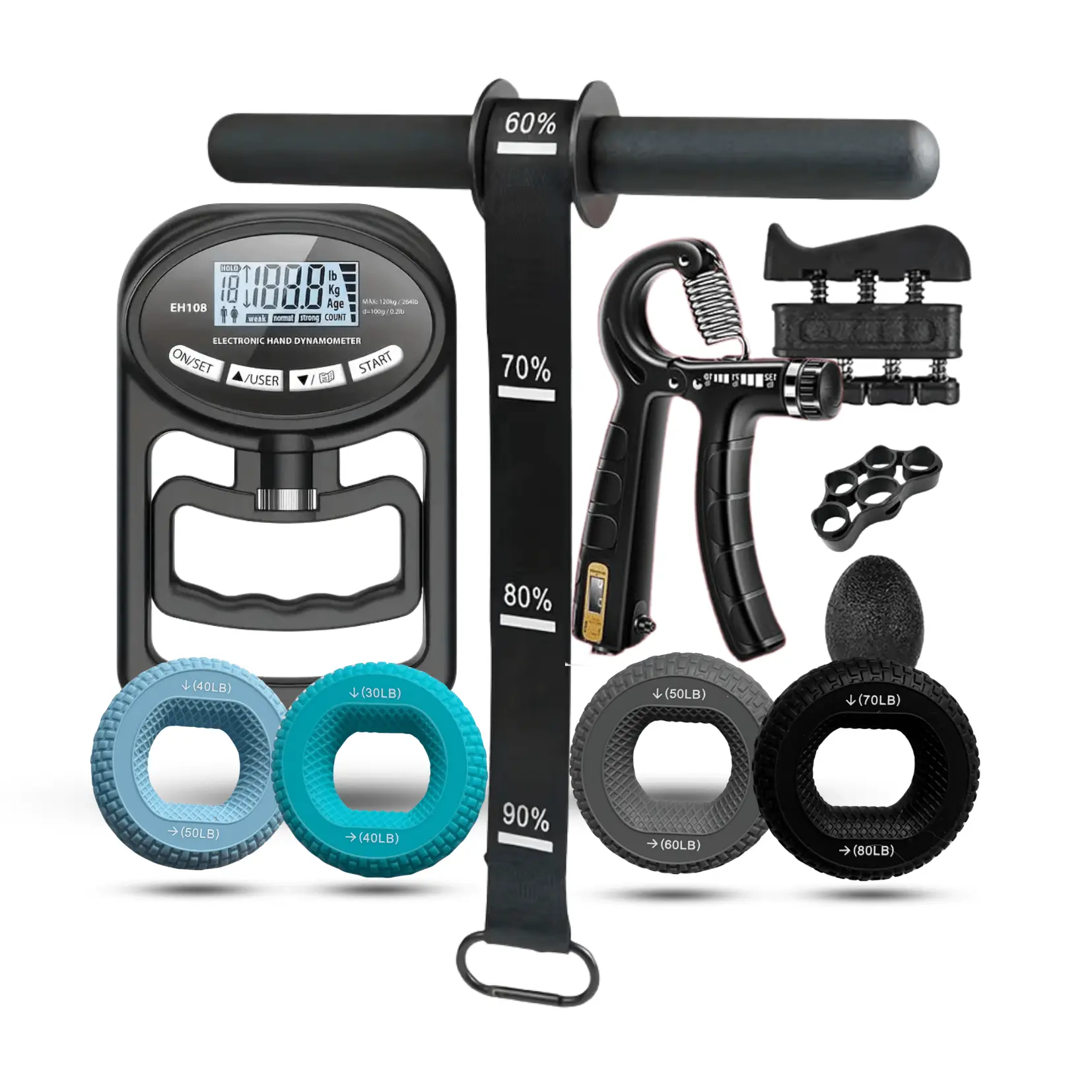The At-Home Grip Strength Training System : Adjustable resistance hand gripper, grip tester (dynamometer), forearm workout twist bar, progressive forearm rings. Essential at home gym equipment for better grip.