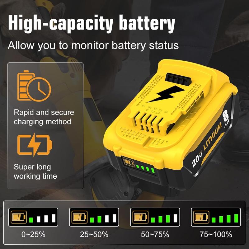 2Pack 8.0Ah Replacement Battery for Dewalt 20V Max Lithium-ion Series Cordless Tools Yellow Safety Tested & Compatible with XR DCB200/DCB201/DCB203/DCB204/DCB205/DCB206/DCB207 & DCD/DCF/DCG