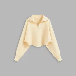 Cider [size 2-10] Knitted Collar Solid Zipper Long Sleeve Crop Top