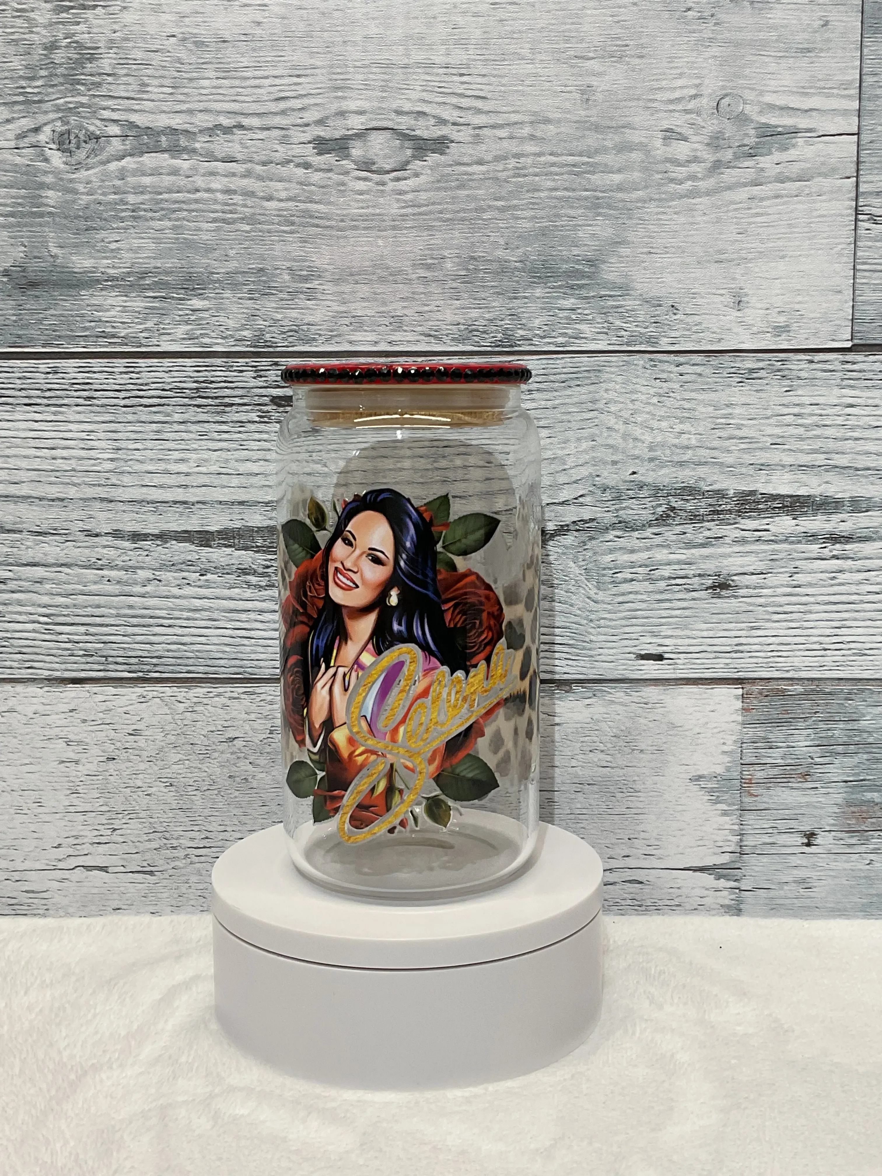 Selenas Glass cup with customized red glittered and rhinestone lid
