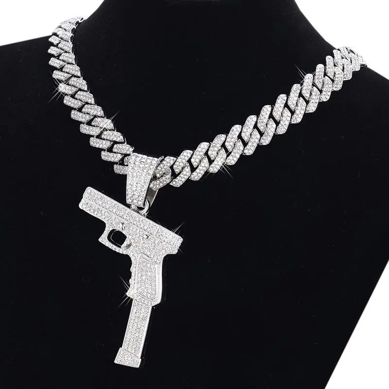 Machine Gun Funk Style Pendant & 15mm 16" 18" 20" 24" Iced Cuban Chain Hip Hop Necklace Jewelry Accessory Machine Gun Funk Style Pendant & 15mm 16" 18" 20" 24" Iced Cuban Chain Hip Hop Necklace Jewelry Accessory