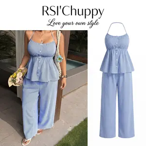 Plus Size Women 2 Piece Outfits Casual Crinkle Striped Halter Neck Top and Loose Wide Leg Pants Set Trendy Comfy Summer Matching Set Co-ord