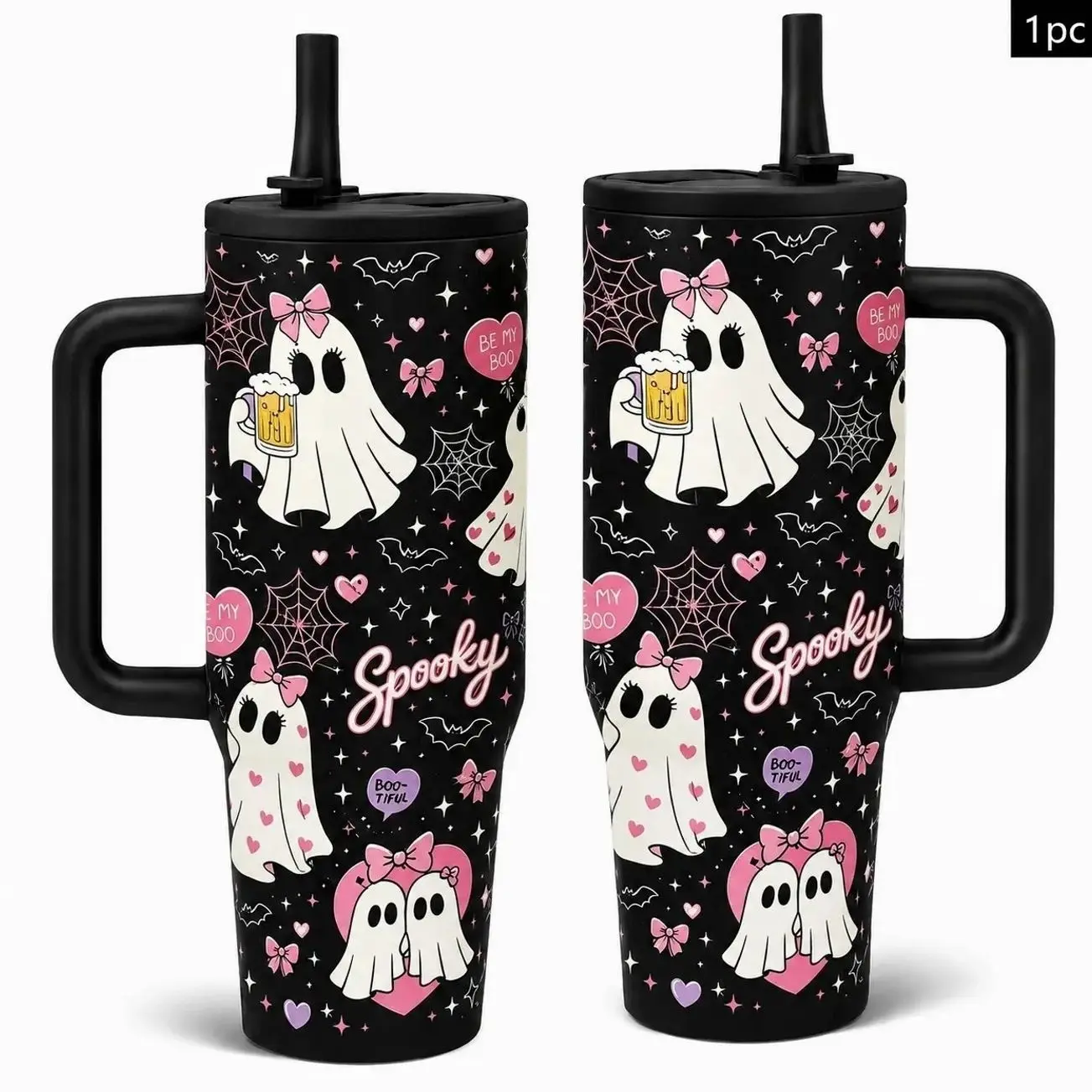 40oz Cute Ghost Bow Spider Web Bat Pattern Leakproof Insulated Tumbler with Handle & Lid, Double Wall Vacuum Leak-Proof Travel Mug, Hot 12H Cold 24H, Large Capacity Cup for Men Women, Halloween Birthday Gift
