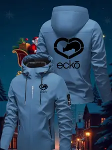 Men's Fashion Heart Design Hooded Jacket, Ecko Love Symbol Print Casual Jacket, Adjustable Drawstring, Zipper Closure, Long Sleeve