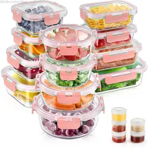 34 count Glass  Storage Containers with  Set, Airtight Glass Meal Prep Containers (17 Containers & 17 ), Leak Proof Lunch Containers , Microwave, Oven, Freezer, Dishwasher Safe-DD18StyleGirlShop