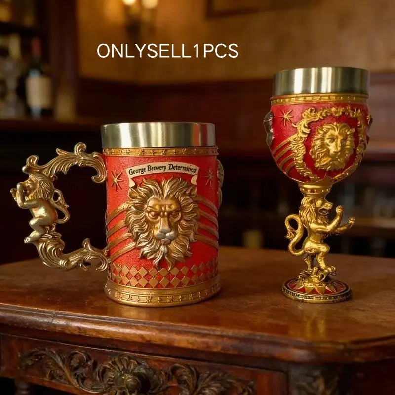 Gold Lion King Handle Cup, Vintage Beer Mug, Stainless Steel Tall Glass, Resin Craft Ornament, Shop Desk Wine Cabinet Decor, Drinkware