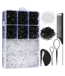 2200 Pcs Elastic Hair Bands with Hair Loop Styling Tool Set, Clear Mini Hair Bands and Black Elastic Hair Ties with Rubber Band Cutter Organizer Box Hair Accessories for Toddler Baby Girl Women