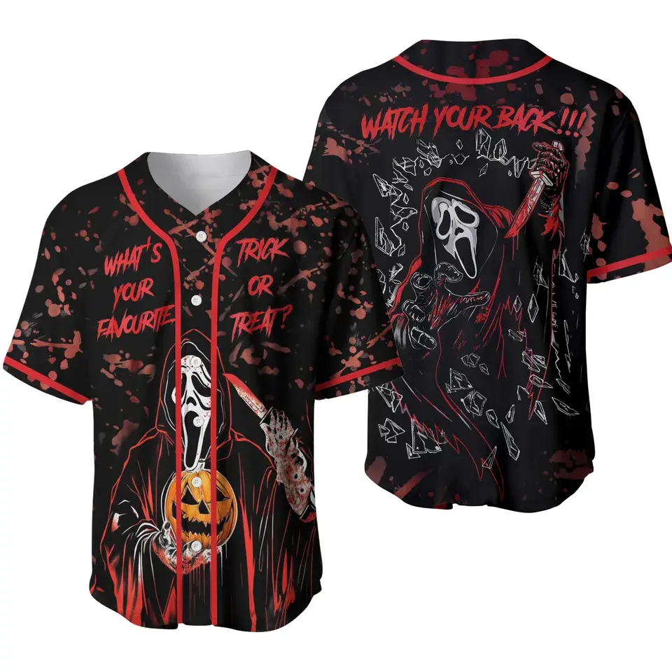 Ghostface Baseball Jersey, Ghostface Halloween Jersey, Unisex Button Down Shirt, Horro Movie Theme Shirt, Gift For Him, Gift For Her