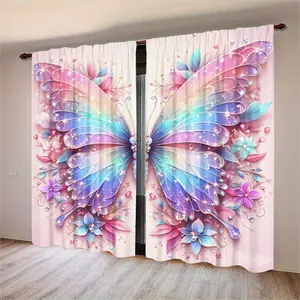 2pcs Dreamy Colorful Butterfly Pattern High Definition Digital Print Curtains, Window Curtain, Semi-Transparent Polyester, Fade Resistant, Hand Washable