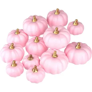 Artificial Pumpkins Bulk 12Pcs Assorted Sizes Harvest Lifelike Pumpkin Fake Foam Pumpkin for Fall Autumn Halloween Home Party Thanksgiving Party Holiday Decor Pink