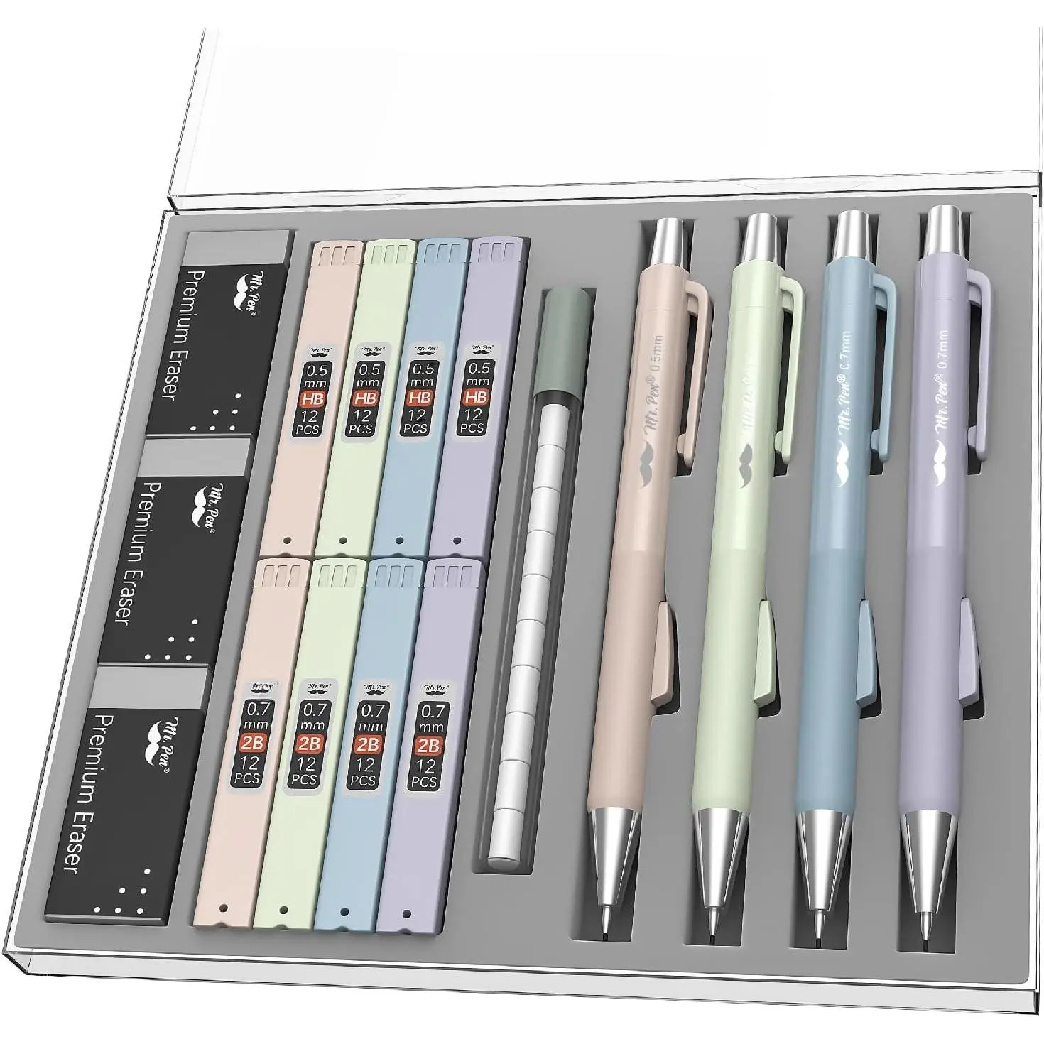 Pastel Mechanical Pencil Set, 4-Pack with 2 Sizes (0.5 & 0.7mm), Retractable Tip, Click Mechanism, Comfortable Grip, Easy-to-Close Lid, 6 Tubes HB & 2B Lead Refills, 3 Erasers for School Supplies, Art