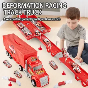 Foldable Transforming Cargo Truck Toy Set, 6 Mini Cars, Fire Truck & Police Car Theme, Random Color, Birthday Gift for Boys