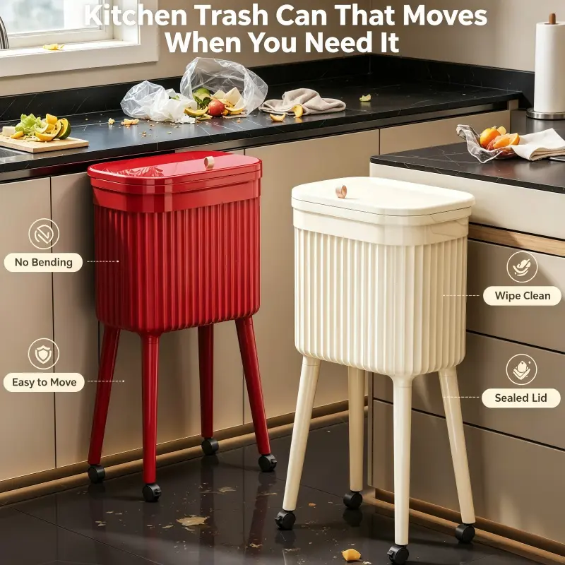 Slim Rolling Kitchen Trash Can W/ Lid, Tall No Bending Odor Sealed Compost Bin W/ Removable Inner Bucket Multi Color Decor Narrow Mobile Wastebasket For Cabinet Bathroom, Office, Bedroom, Pet Area, Laundry Room, Gym Outdoor Dog Poop Storage Container