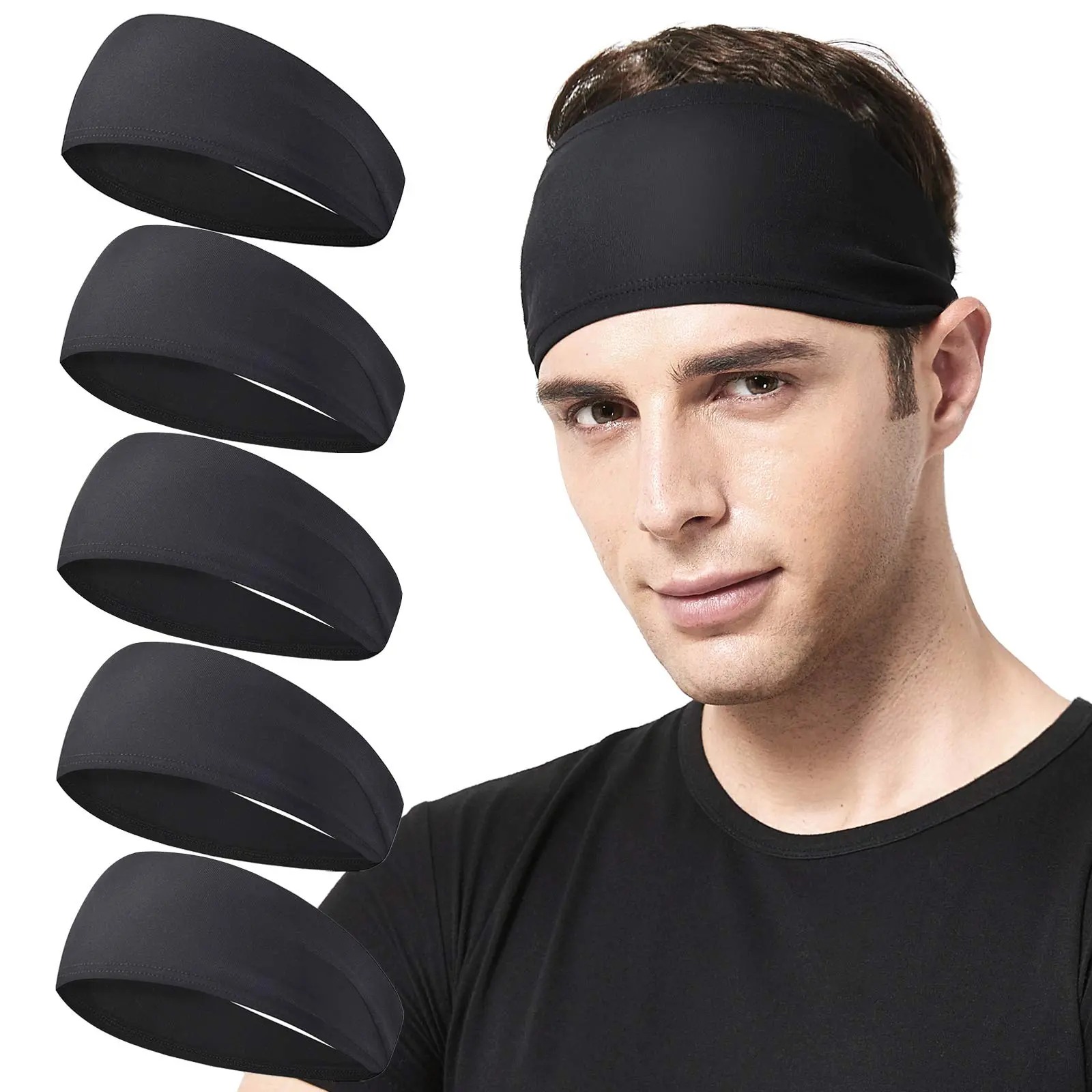 Men's Running Headband 5-Pack Stretchable Unisex Sweatband for Running Cycling Basketball Yoga Fitness Workouts Comfortable Versatile Accessory
