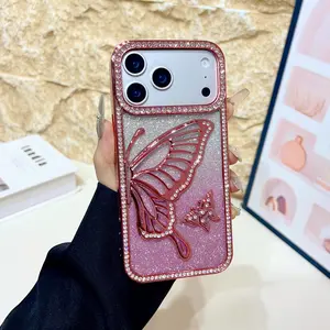 for iPhone 17 Pro Max Case Cute 3D Butterfly Pattern Design Military Grade Drop Protection Bling Plating Luxury Rhinestone Soft Cover for Women Girls